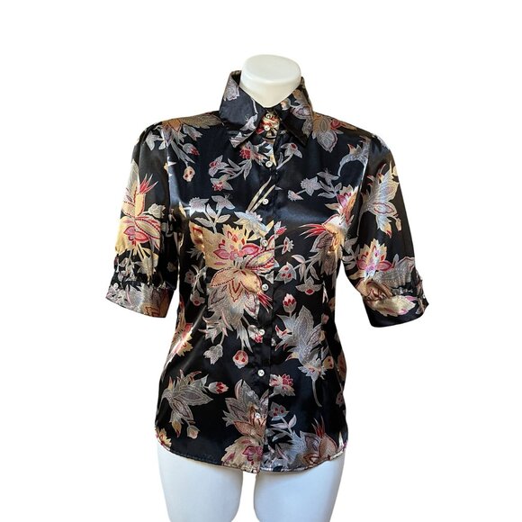 Vintage Y2K NWT 1950s-Style Satin Floral Button-Up Blouse With Tie Waist - Picture 2 of 9